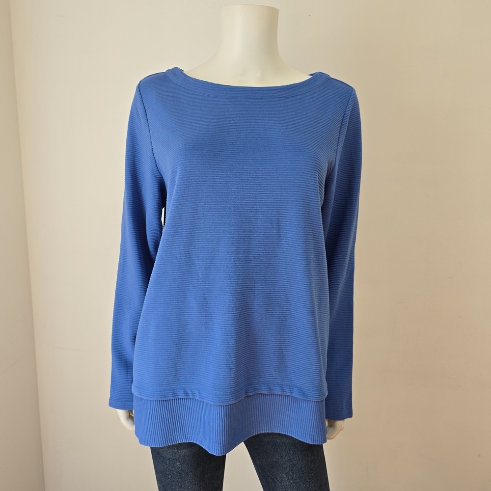 J Jill Wearever Collection Ottoman Top Size L Blue Textured Blue Long Sleeve